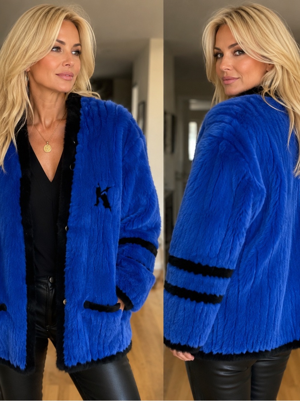 Neiman Marcus Electric Blue Faux Fur Jacket with Black Trim